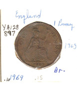 Great Britain 1 Penny, 1963, Bronze, KM128, Queen Elizabeth - $18.53 MXN