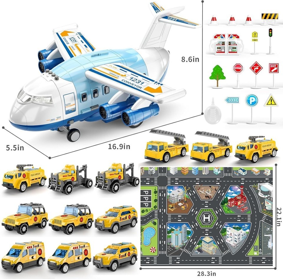 2-in-1 Kids Airplane Toy with 12 Construction Vehicles & Playmat - Blue Item image 8