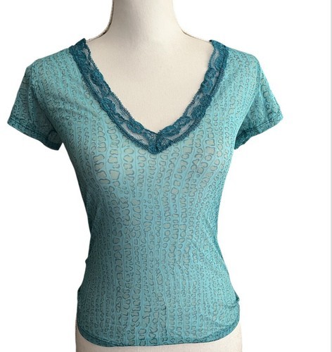 Victoria&#39;s Secret Top Sheer Mesh Y2K Lace V Neck Size Medium Green Anima... - £17.10 GBP