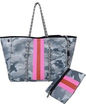 NEW Neoprene Boutique Tote Purse Grey Camo / Pink Orange Stripe Bag Beach - £25.61 GBP