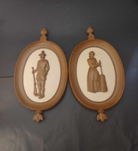 Vintage 1960 Syroco Early American Pilgrim Couple Wall Plaque Set #4777 USA Made - $11.63