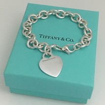 8.5” Large Tiffany &amp; Co Silver Blank Heart Tag Charm Bracelet with Blue Box - $289.95