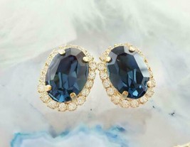  1.70 Ct Oval Cut Blue Sapphire Halo Stud Earrings 14K Yellow Gold Over - £79.11 GBP