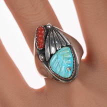 sz11 Vintage Zuni carved turquoise and coral silver ring - $282.15