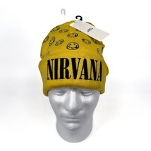 Nirvana One Size Fits All Yellow Beanie Knit Cap Embroidered Logo Smiley Face - £21.55 GBP