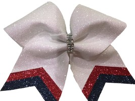 White Glitter Cheer Bow Red and Navy Blue Tails - $47.27