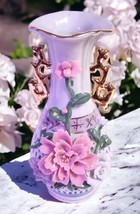 Vtg Porcelain Capodimonte Style 9&quot; Pierced Vase Applied Flowers Gold Handles - $23.76