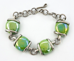 Silver Tone Chunky Wire Wrap Iridescent Lime Green Glass Bead Bracelet - £20.54 GBP