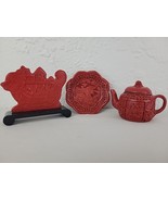 Vtg Miniature Cinnabar Teapot Plate Phoenix Dragon Boat Red Carved Lot 3... - $105.14 CAD