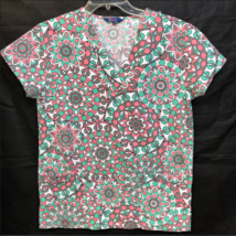 Zikit XS Scrub Shirt Coral Green Geometric Print Nurse Vet Tech Xray The... - $10.99