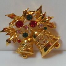Vintage Avon Christmas Bell Brooch Gold-tone W/Rhinestones - $13.99