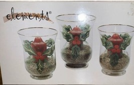 Elements Set 3 Christmas Holly Hurricane Glass Candle Holders Hand Painted - £15.02 GBP