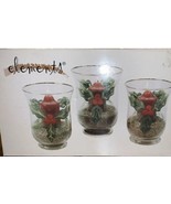 Elements Set 3 Christmas Holly Hurricane Glass Candle Holders Hand Painted - £14.78 GBP