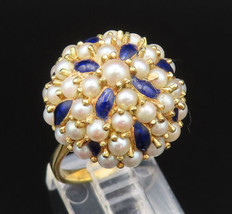 18K GOLD - Vintage Fresh Water Pearls &amp; Blue Onyx Cluster Ring Sz 6.5 - ... - $1,074.92