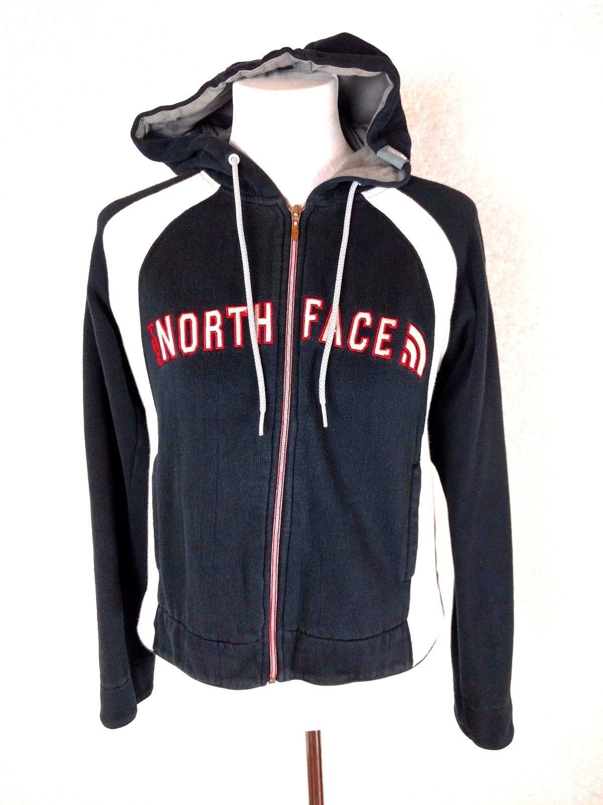 North Face Womens M Hoodie Black White Red Zip Up Cotton Blend Vintage Spell Out - £16.63 GBP