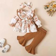 Baby Toddler Girl Fall Outfit 3PC Set Floral Top and Bell Bottom Flared Pants - £20.78 GBP