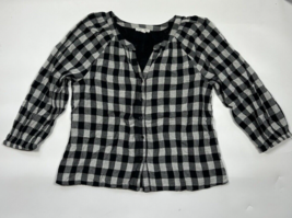Beach Lunch Lounge Women&#39;s White Black Checked V Neck Button Up Blouse Size L - £12.47 GBP