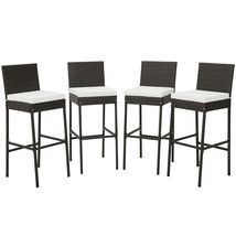 4 Pcs Patio Wicker Barstools Bar Height Chairs W/ Cushions Backyard Off White - £226.16 GBP