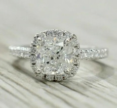 14k White Gold Plated Halo Real Moissanite Engagement Ring 3.00 CT Cushion Cut - £214.86 GBP