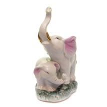 Vintage White Porcelain Ceramic Elephant With Baby Trump Up Figurine 8&quot; height - £13.31 GBP
