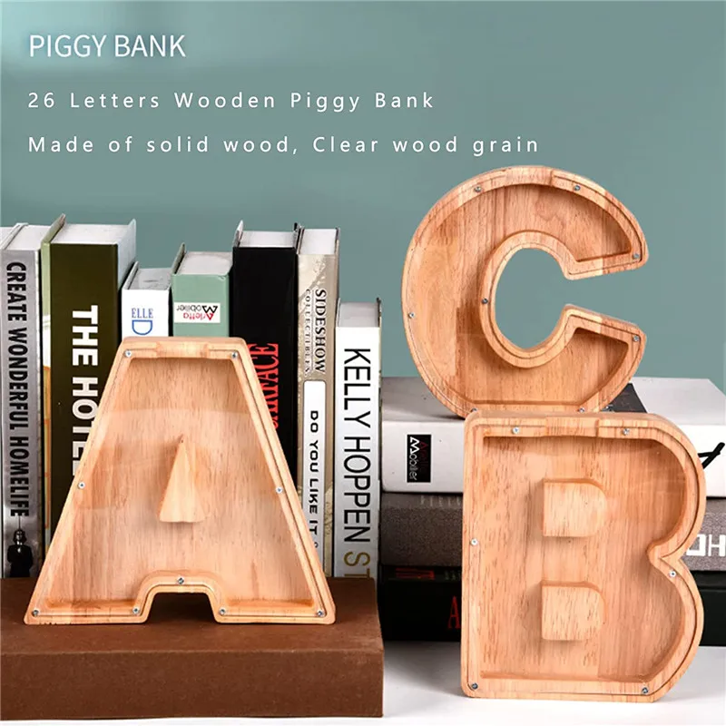 Sporting 26 Letter Wooden Piggy Bank with Name Sticker Personalized Transparent  - £23.52 GBP