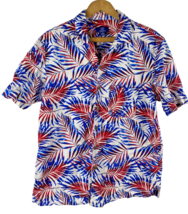 George Patriotic Hawaiian Button Down Shirt Small Mens Red White Blue Linen July - £29.68 GBP