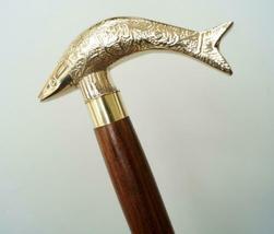 WAVE NAUTICAL -Designer Brass Fish Head Style Handle Wooden Walking Stic... - £31.07 GBP
