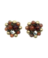 Vintage Hong Kong Round Cluster Clip On Earrings Round Amber Brown Gold ... - $1.00