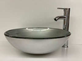 Bathroom Sink Glass Round Vessel Countertop in Simply Silver with Pop-Up... - $98.01