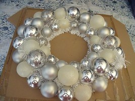 HOLIDAY Sparkle Silver &amp; White Ornament Ball WREATH Tinsel GLITTER 17&quot; C... - £30.96 GBP