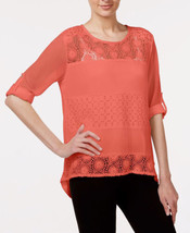 NWT Women&#39;s Calvin Klein Coral Mixed Media Lace Illusion Blouse Top Sz XS - £18.00 GBP