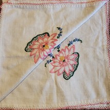 Vintage Handmade Embroidery Linen Table Cloth 34x34 Inch Pink Flower - $21.00