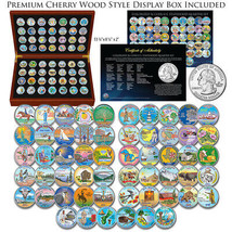 1999-2009 Complete COLORIZED State Quarters 56-Coin Set in Cherry Wood Style Box - £141.97 GBP