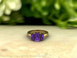 Natural Purple Amethyst Baguette Sterling Silver Three Stone Women Ring Jewelry - £54.57 GBP