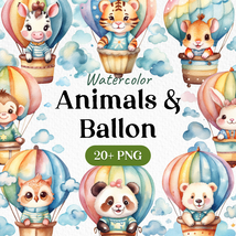 Bundle Watercolor Cute Animals &amp; Ballon Clipart PNG - £2.38 GBP