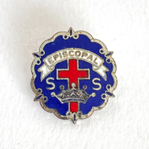 Vintage Blue Episcopal Sunday School Pin Cross &amp; Crown C Clasp Lapel Hat - £7.95 GBP