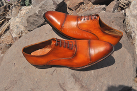 Handmade Brown Patina Oxfords Dress Shoes For Men Genuine Leather Custom... - £129.08 GBP