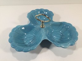 Vintage California Pottery Relish Candy Dish Turquoise &amp; Gold Handle Chip Dip 41 - £15.98 GBP