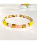 Yellow and pale rose tila bracelet,woman beaded stacking pink tile brace... - £16.65 GBP