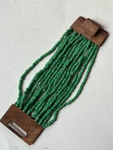 Wide Multistrand Tiny Grass Green Glass Bead Bracelet w Carved Wood Clasp – 7.5 - £14.57 GBP