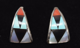 Vintage Native American Zuni Sterling Silver Multi Stone Inlay Earrings Signed  - £63.50 GBP