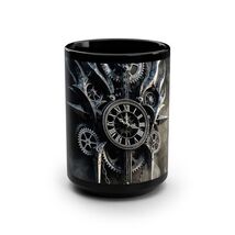 Burning Clock Gears Mug Black 15oz Flames Chains Steampunk Victorian Gift - $24.28