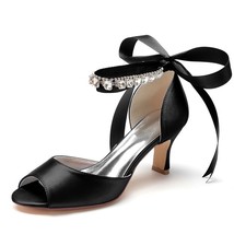 Low Heel Wedding Shoes for Bride Satin Rhinestones Peep Toe Ribbon Mid Heels Pro - £76.83 GBP