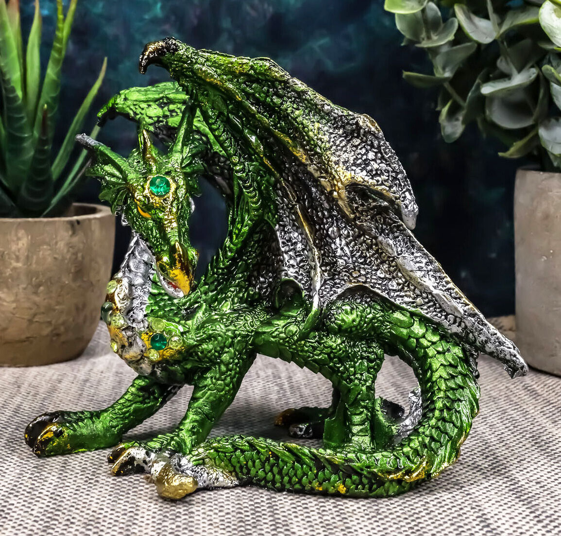 Ebros Metallic Green and Silver Crouching Emerald Dragon Statue 4.75" L Figurine