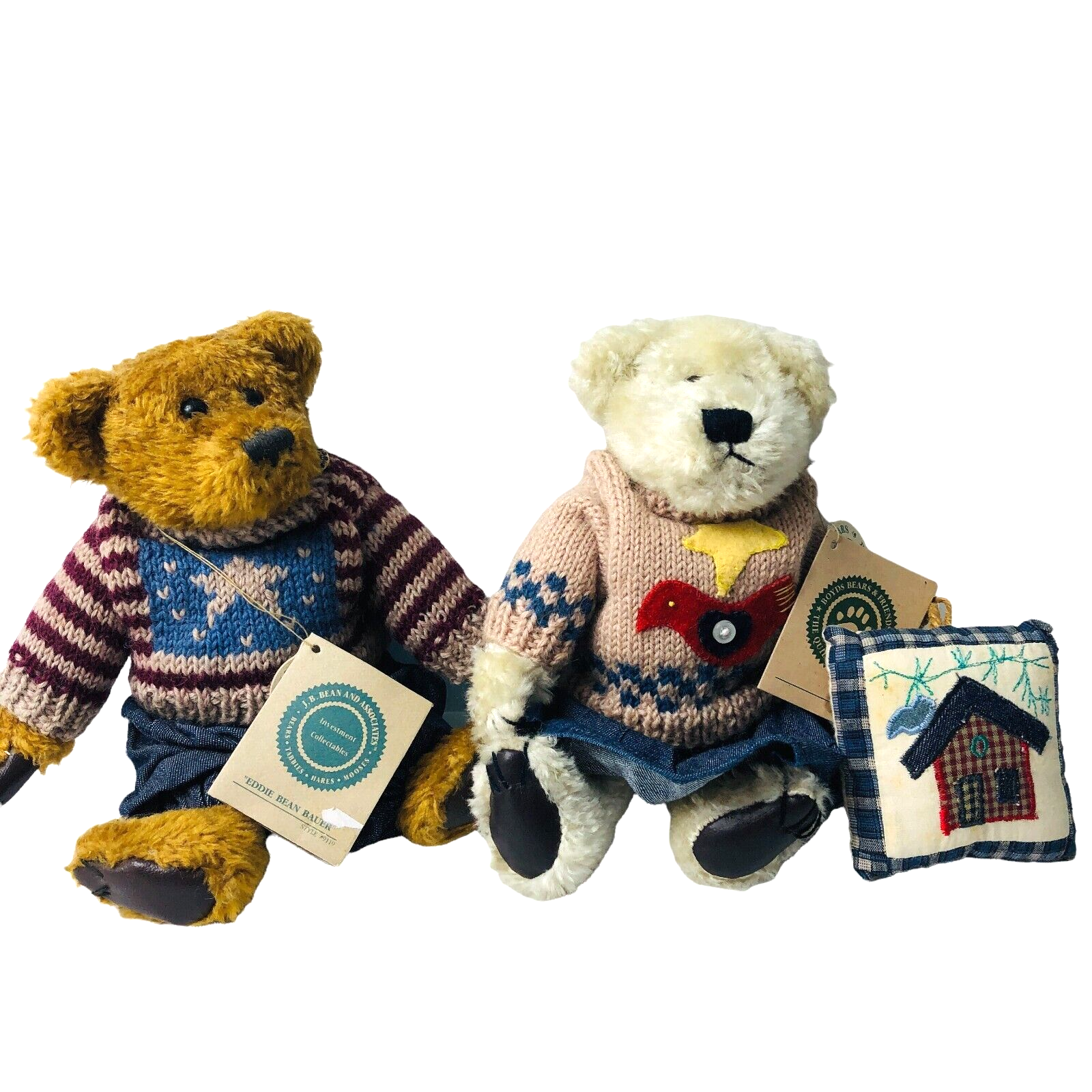 Primary image for 2 Boyds Bears Eddie Bean Bauer And Quilt Patch with Pillow 10" Clothing Vintage