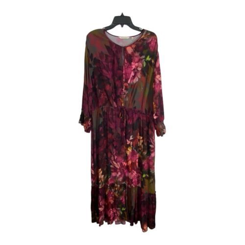 Primary image for Soft Surroundings Dress Size 1X Maroon Floral Elastic Tie Waist Maxi Summer