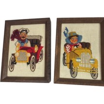 VTG Needlework Embroidery Framed Jiffy Stitchery Automobiles Off to Races Social - $29.69