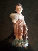 CAFFCO Brunette Boy Figurine Brown Overalls w Dog &amp; Flowers RARE Vintage 12.5 In - £30.36 GBP