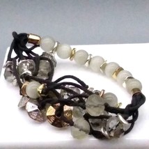Vintage Double Sided Bead Bracelet with White Tigers Eye and Glass Crystal Beads - £23.20 GBP