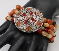 Enameled Medallion Silver Tone Mosaic Coral Brown Colored Stretch Cuff Bracelet - £7.77 GBP